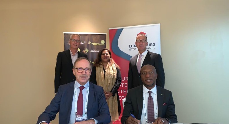 NSE CEO, Oscar N. Onyema OON and LuxSE CEO, Robert Scharfe,at the annual meeting of the World Federation of Exchanges in Singapore on Wednesday, October 9, 2019.