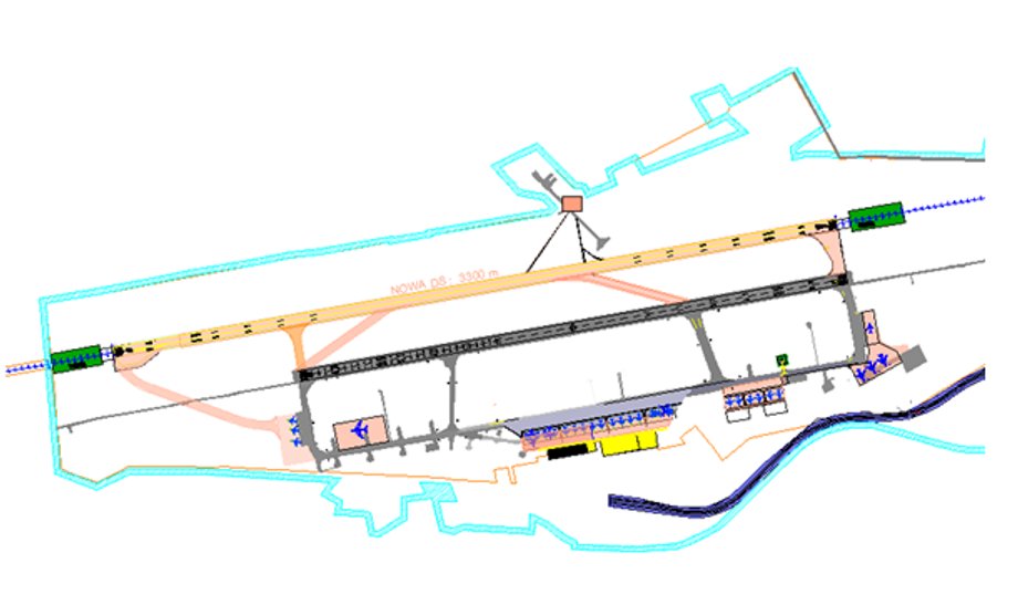 Plan lotniska w Modlinie po trwającej 60 miesięcy rozbudowie. Widać m.in. drugi pas startowy i nowy terminal