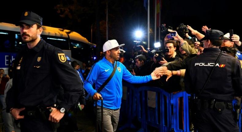 Carlos Tevez arrived in Madrid with the rest of his Boca Juniors team-mates on Wednesday