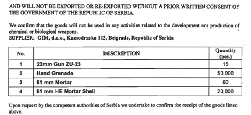 Kupac se obavezuje da pištolji i ručne granate neće biti prodati trećoj strani 