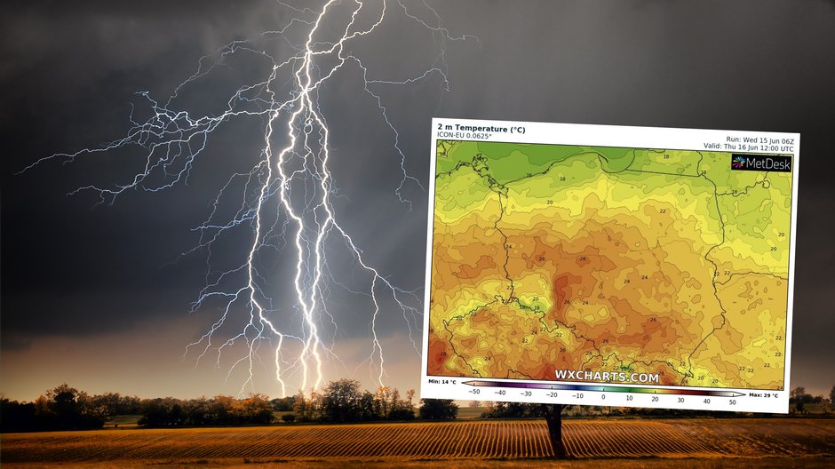 W czwartek pojawi się więcej burz. Mogą być gwałtowne (mapa: wxcharts.com)