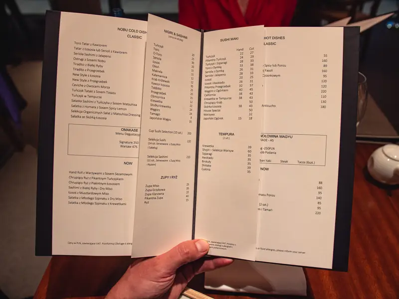 NOBU menu z przykładowymi cenami