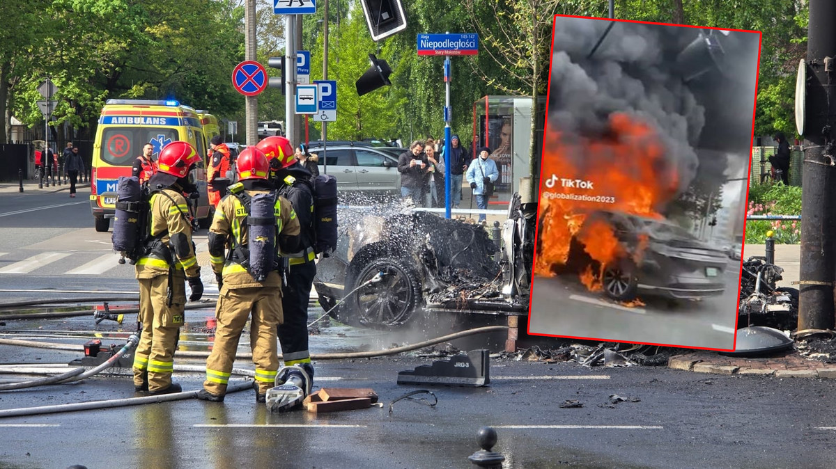 Samochód elektryczny za milion doszczętnie spłonął w centrum Warszawy