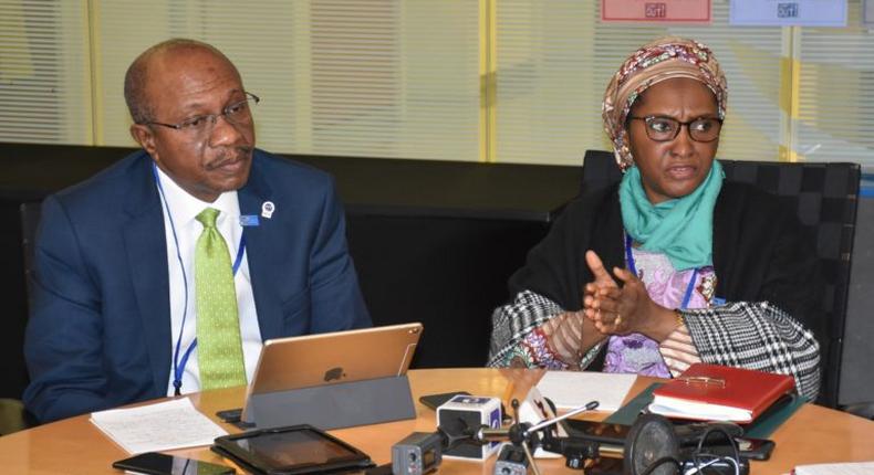 The Governor, Central Bank of Nigeria, Mr Godwin Emefiele, with the Minister of Finance, Budget and National Planning, Mrs. Zainab Ahmed. (NAN)