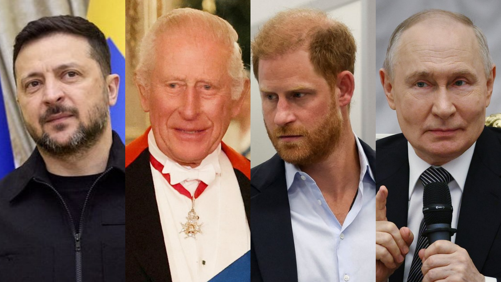 Ukrajinský prezident Volodymyr Zelenskyj, britský kráľ Karol III., britský princ Harry a ruský prezident Vladimir Putin, 