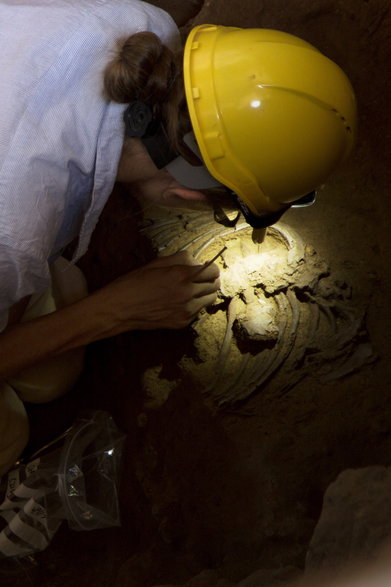 Archeolog z University of Cambridge odsłania szkielet w jaskini Szanidar, 5 września 2019 r.