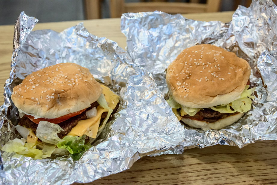 The serving sizes are, in a word, gargantuan. For those unfamiliar with Five Guys' menu, a regular burger comes stuffed with two patties. One has to order a "little" burger to get a single-patty sandwich.
