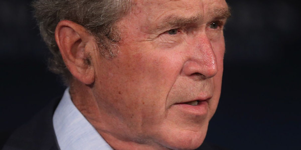 President George W. Bush at a summit on "creating employment opportunities for post-9/11 veterans and military families" at the US Chamber of Commerce in 2015 in Washington, D.C.