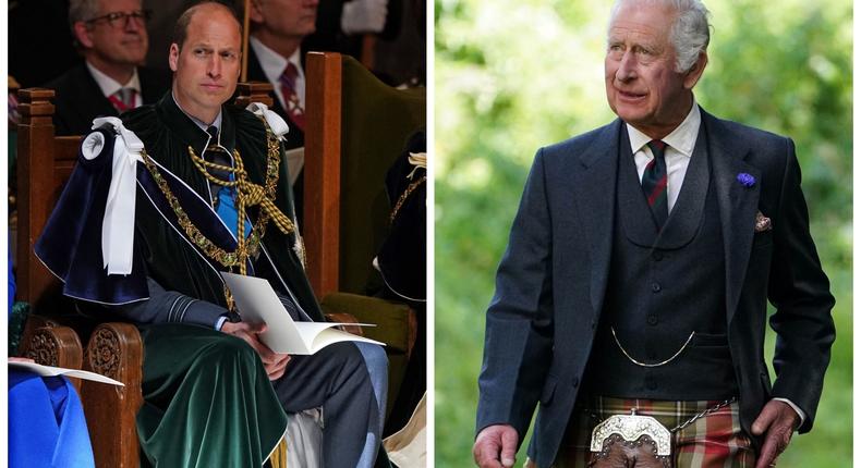Prince William attends the National Service of Thanksgiving and Dedication for King Charles III and Queen Camilla in Edinburgh, Scotland on July 5, left, and King Charles III wears a kilt at Kinneil House in Edinburgh on July 3, right.Andrew Milligan - Pool/Getty Images, ANDREW MILLIGAN/POOL/AFP via Getty Images