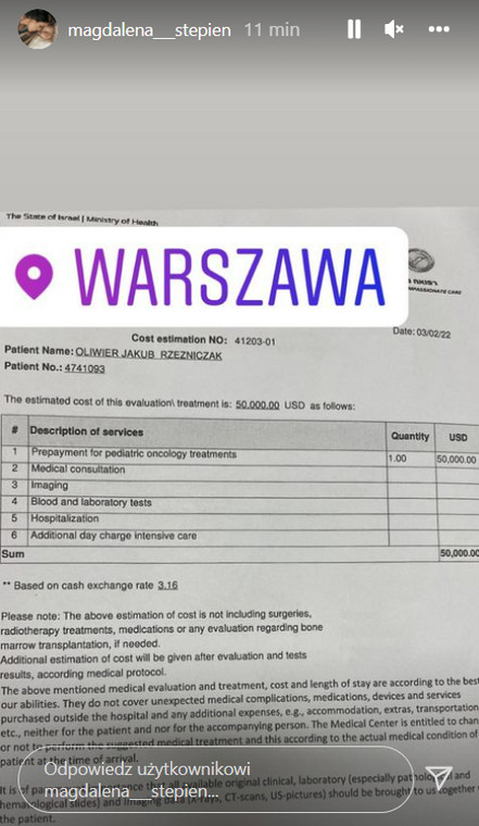 Dowód leczenia syna Magdaleny Stępień i Jakuba Rzeźniczaka