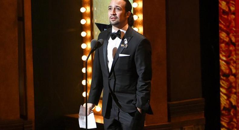 Lin-Manuel Miranda accepts the award for best original score for Hamilton at the Tony Awards at the Beacon Theatre on June 12, 2016, in New York City.