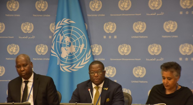 L-R: Amb. Tijjani Muhammad-Bande, Permanent Representative of Nigeria to the UN; the Chair of the African Group at UN, Amb. Chola Milambo and Permanent Representative of Eritrea to the UN, Amb. Sophia Tesfamariam.