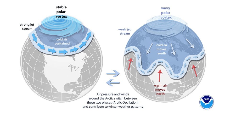 Ilustracja 2. Schemat pokazujący zachowanie się wiru polarnego w Arktyce. Lewa mapa: normalny, stabilny wir polarny, który utrzymuje lodowate powietrze w Arktyce. Prawa mapa: efekt rozpadu wiru, w wyniku czego zimne powietrze z Arktyki spływa daleko na południe i utrzymuje się tam przez dłuższy czas. Źródło: NOAA