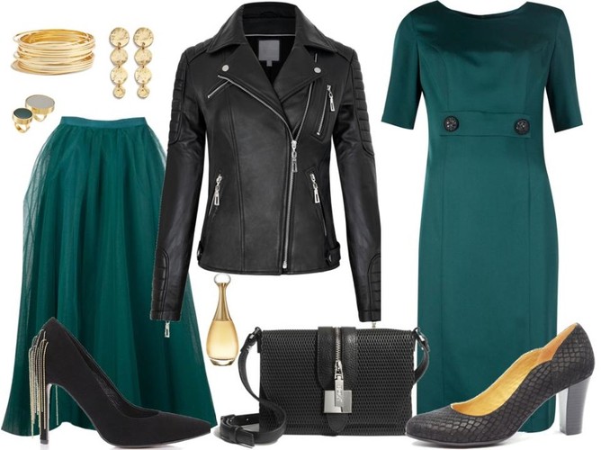 STYLIZACJE w kolorze butelkowej zieleni: Spódnica – Bialcon/ bialcon.pl, sukienka – Bialcon/bialcon.pl, kurtka – White House/whitehouse.sklep.pl, szpilki z łańcuszkiem – Gianmarko/gianmarko.pl, szpilki – Caprice – caprice.pl, torebka – Boca/boca.pl, akcesoria  – TKMAXX/tkmaxx.pl
