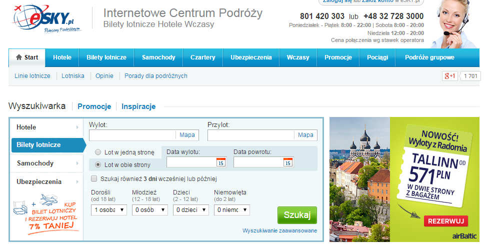 <strong>e-sky.pl</strong>
<br><br>
Za pomocą e-sky.pl rezerwujesz bilety lotnicze oraz hotele na całym świecie