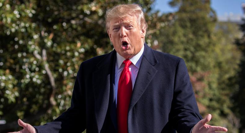 President Donald Trump speaks to reporters upon arrival at the White House in Washington, Sunday, Nov. 3, 2019. (AP Photo/Manuel Balce Ceneta)