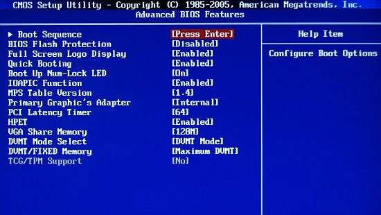 Zakładka Advanced BIOS Features