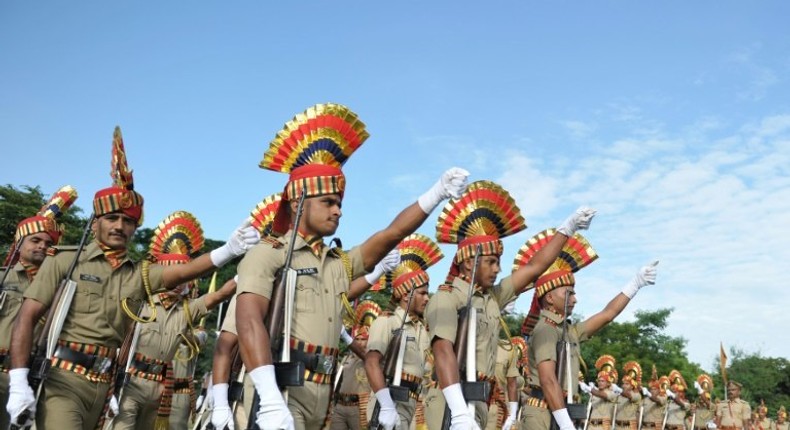 Indian Railway Protection Force personnel march during Independence Day celebrations in Secunderabad