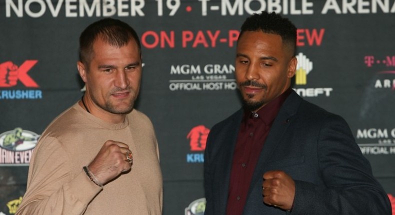 Sergey Kovalev (L) and Andre Ward square up during the press conference for the November 19 Kovalev v Ward Pound for Pound bout at Le Parker Meridien in Las Vegas on September 6, 2016 in New York City