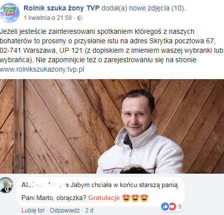 Fan page "Rolnik szuka żony" na Facebooku