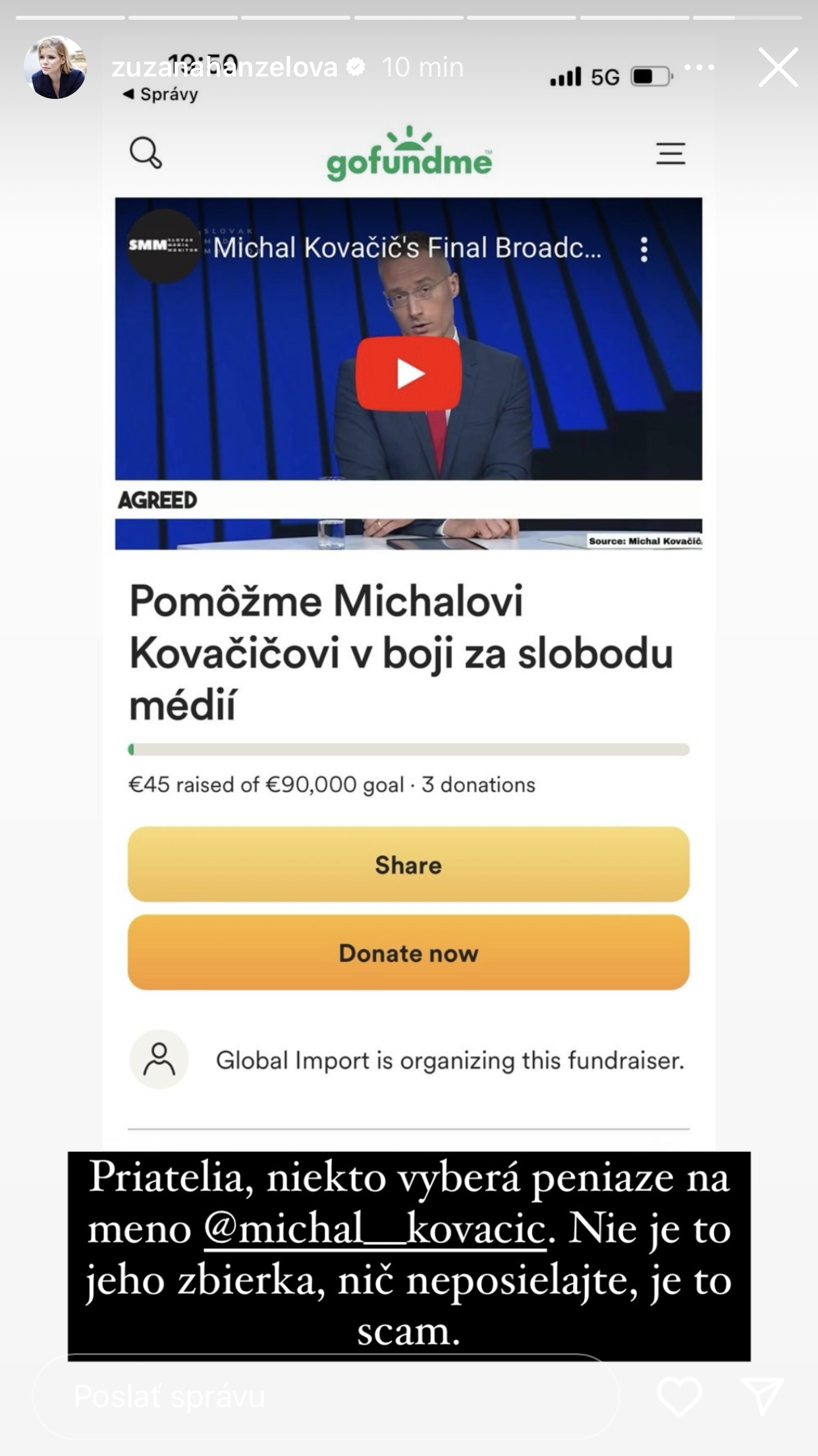 Zuzana Kovačič Hanzelová upozorňuje na podvodnú zbierku v mene jej manžela Michala.
