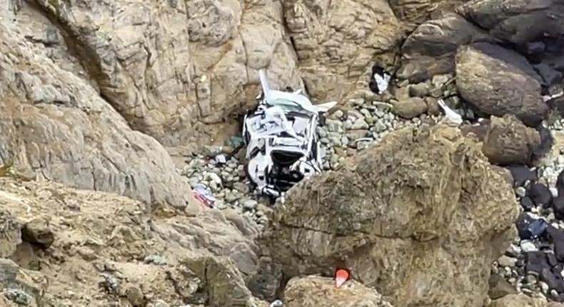 A Tesla plunged off a 250-foot cliff on Monday.Twitter