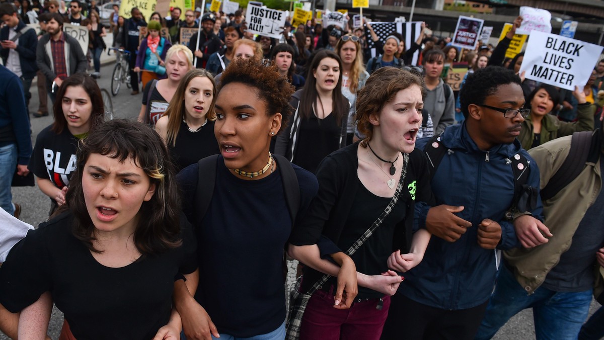 BALTIMORE, MD - MAY 1: Protesters lock arms during a Black Live