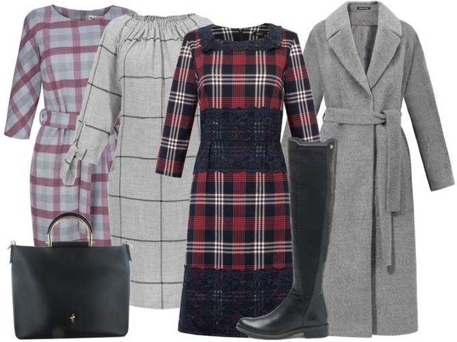 Modne sukienki na jesień 2018: sukienka w różowo-szarą kratkę- Modern Line/modernline.pl, szara sukienka w kratkę- Midori Feminine Fashion/midori.pl, sukienka w szkocką kratkę- Trynite/trynite.pl, płaszcz- Dziekański/dziekanski.pl, torebka- Menbur/menbur.pl, kozaki- Caprice/caprice.pl