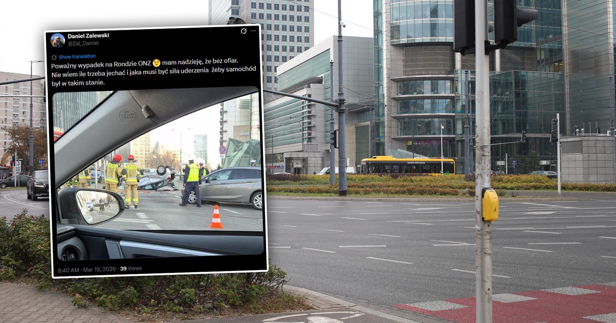 Wypadek w centrum Warszawy: Auto dachowało, kierowca w szpitalu