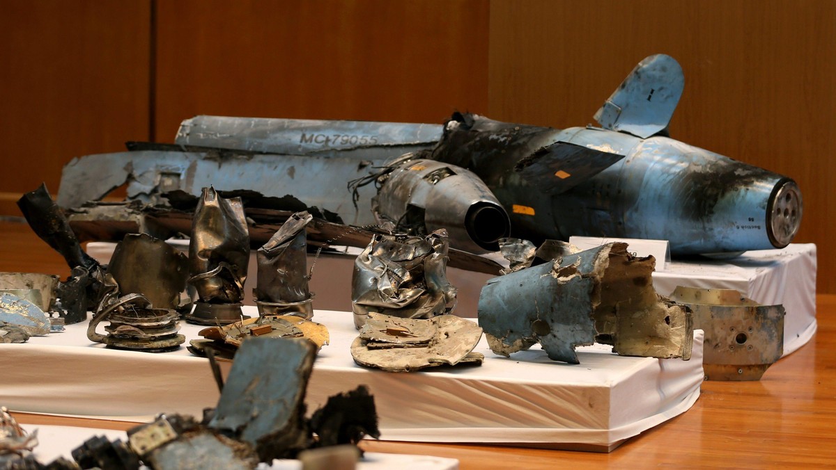 Remains of the missiles which Saudi government says were used to attack an Aramco oil facility, are displayed during a news conference in Riyadh