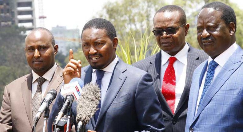 File image of CS Mwangi Kiunjuri addressing the press Looking on is MP Junet Mohamed, Raila Odinga and Paul Otuoma