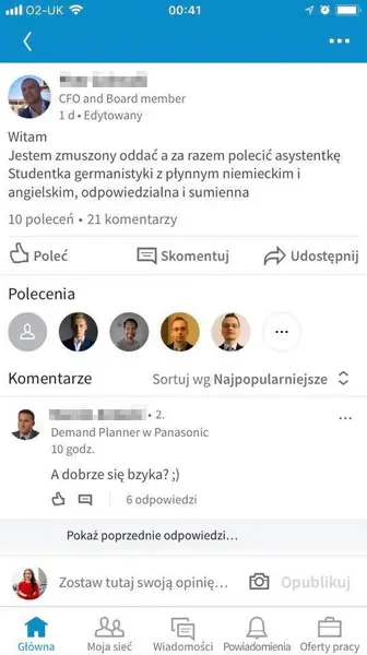 Wymiana zdań na temat asystentki na Linkedinie