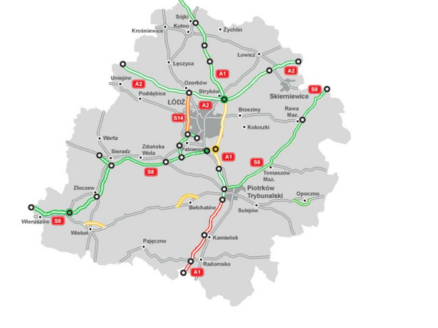 40-kilometrowy odcinek autostrady A1 między węzłem Łódź Północ a Tuszynem (na żółto).