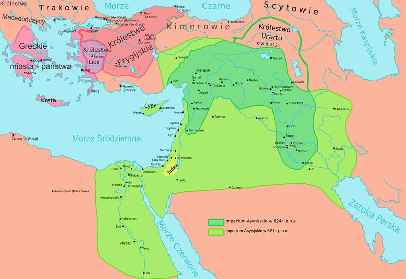 Mapa pokazująca rozwój Asyrii w latach 824-671 p.n.e. (okres nowoasyryjski). Rysunek: Ningyou, tłumaczenie nazw: Dawid91 - domena publiczna
