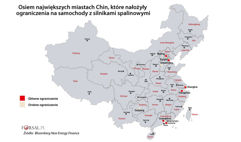 Największe miasta Chin z ograniczeniami dla silników spalinowych