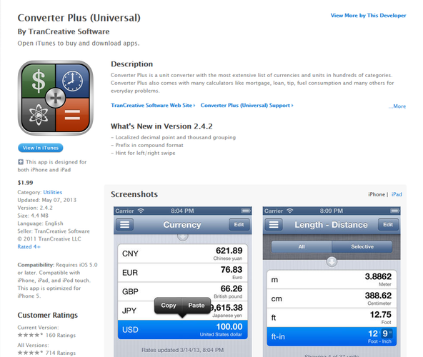 <b>Converter Plus</b>
<br><br>
Aplikacja pozwoli nam odnaleźć się w gąszczu jednostek miar i wag oraz innych matematycznych niuansów. Ile centymetrów liczy jeden łokieć? Ile kilogramów waży funt? Ile funtów kupimy za 10 dolarów? Converter Plus przeliczy to wszystko za nas i zaoszczędzi nam niekończących się zapytań do 