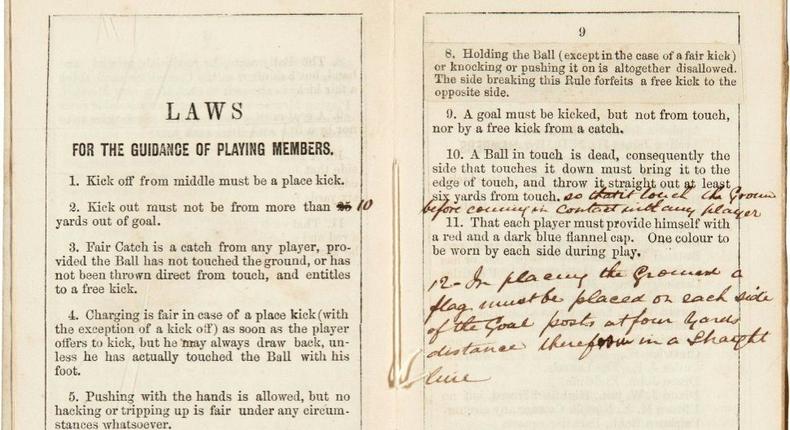 The hand-annotated pamphlet, discovered in a Victorian scrapbook, was printed in 1859 after a series of meetings held by Sheffield Football Club Creator: -