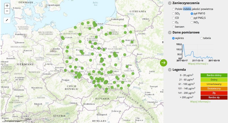 Stężenie pyłu PM10 - 2017-03-19 od godziny 04:00 do 05:00