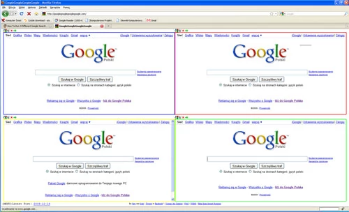 Cztery niezależne okna Google na jednej karcie przeglądarki internetowej