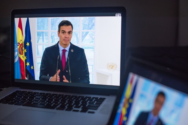 Pedro Sanchez, Spain's prime minister, speaks during the United Nations General Assembly seen on a laptop computer in Hastings on the Hudson, New York, U.S., on Friday, Sept. 25, 2020. The United Nations General Assembly met in a virtual environment for the first time in its 75-year history due to the pandemic. Photographer: Tiffany Hagler-Geard/Bloomberg