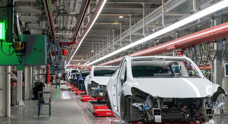 A photo of Teslas cars on the production line of the company's Austin, Texas Gigafactory.Getty/ Suzanne Cordeiro