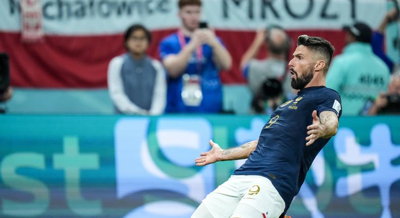 Olivier Giroud of team France celebrates after scoring first goal during the FIFA World Cup Qatar 2022 Round of 16 match between France and Poland at Al Thumama Stadium on December 4, 2022.