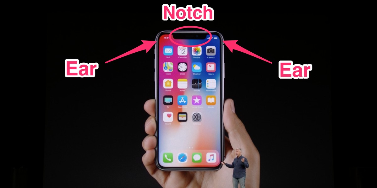 The notch at the top of the iPhone X, and the two "ears" on either side.