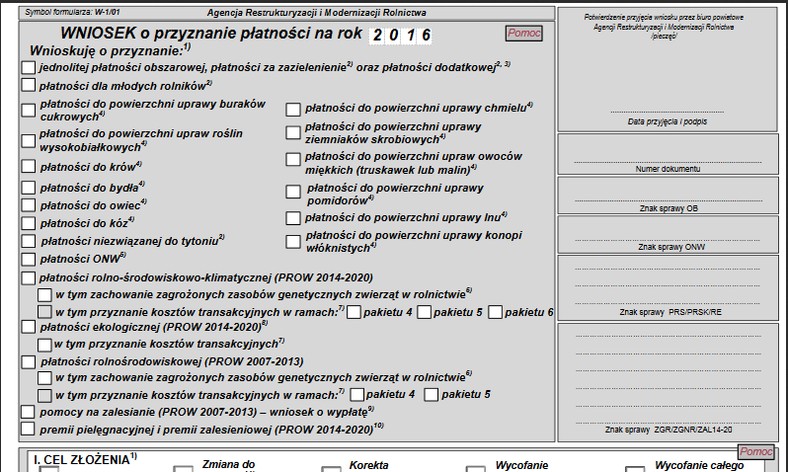 Wniosek o przyznanie płatności na rok 2016 (fragment)