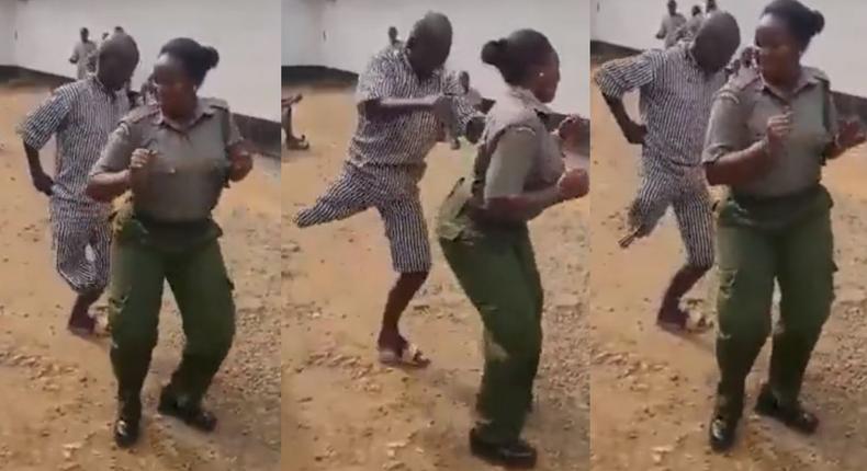 Female prison warden dances with inmate