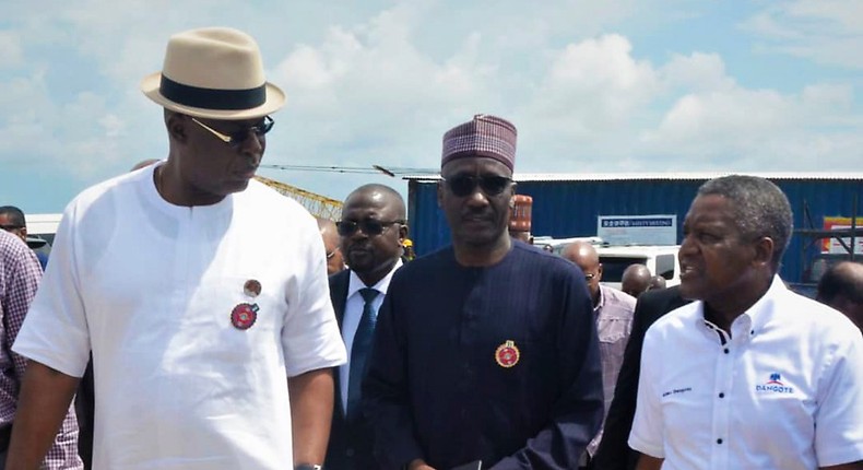 President of the Dangote Group, Mr Aliko Dangote, Minister of State for Petroleum Resources, Chief Timipre Sylva and Group Managing Director of NNPC, Malam Mele Kyari during the inspection tour of the Dangote Refinery facility. [Twitter/@NNPCgroup]