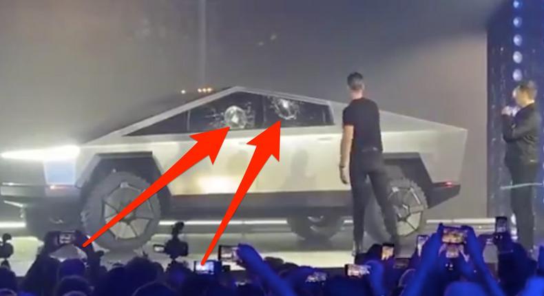 An annotated image showing Tesla's new Cybertruck after its windows were smashed on Thursday.