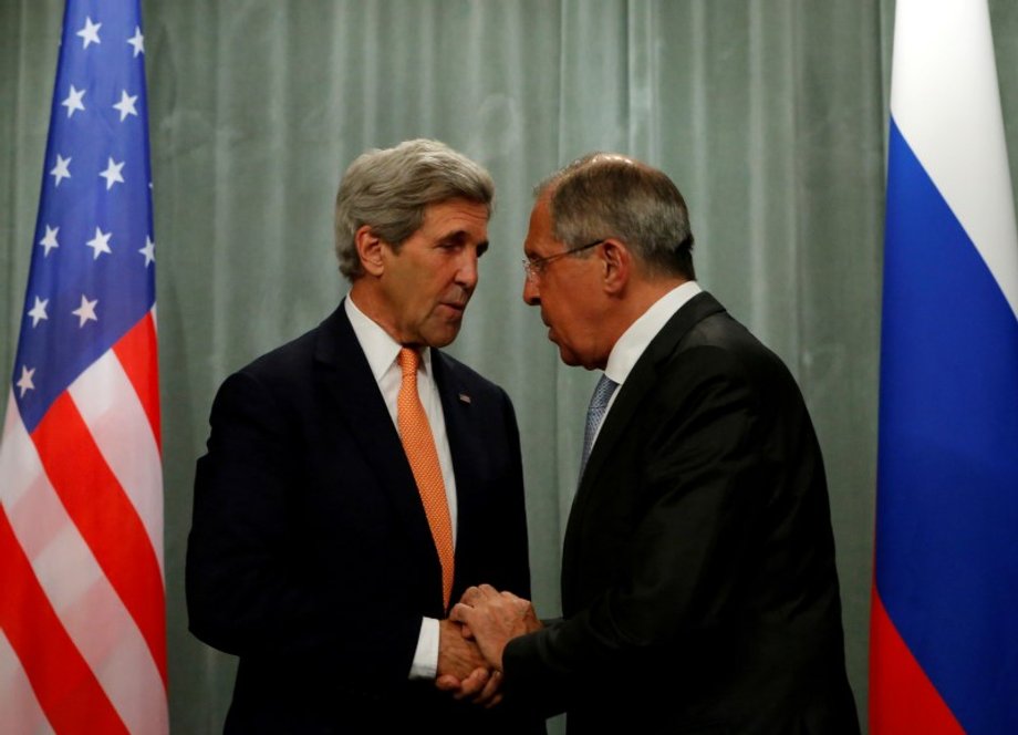 U.S. Secretary of State Kerry and Russian Foreign Minister Lavrov shake hands during joint news conference following their meeting in Moscow