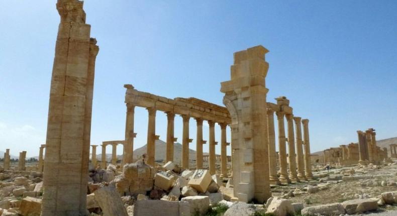 The remains of the Arch of Triumph in Palmyra after it was destroyed by the Islamic State group in Syria