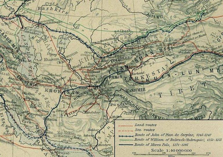 Mapa wyprawy Benedykta Polaka (zaznaczona na granatowo, przekreśloną linią)